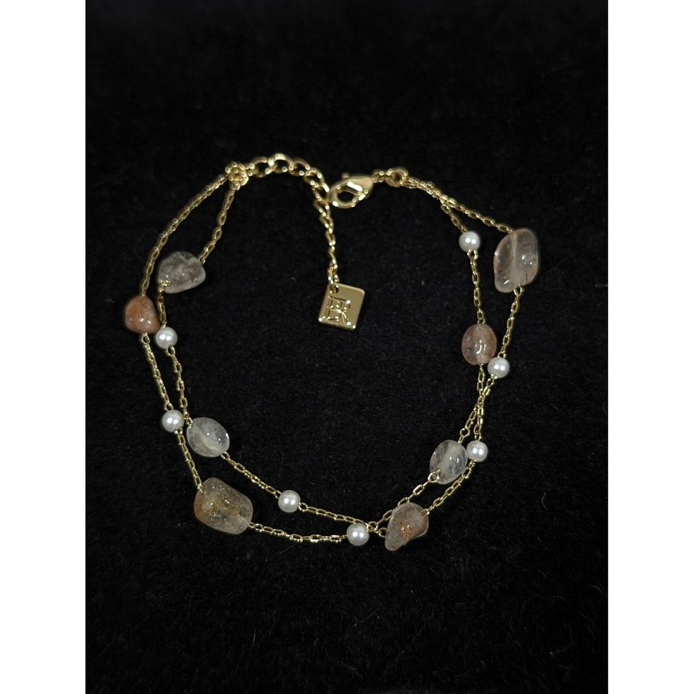 Banana Republic Quartz Stone‎ Faux Pearl Bracelet Gold Tone Beaded Chain 8 Inch
